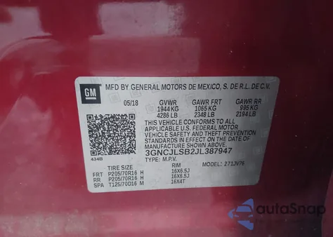 2018 Chevrolet Trax Lt z USA, uszkodzony, nr VIN 3GNCJLSB2JL387947